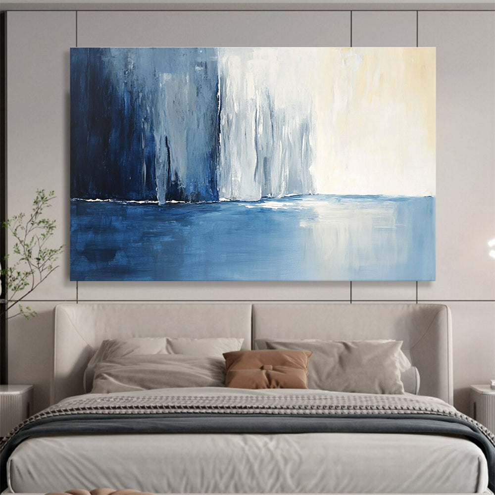 Large abstract painting of an icy blue river and snow-covered cliffs reflecting light, featuring dynamic brushstrokes and a deep gradient background.SC045