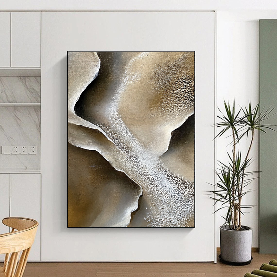 Large abstract painting capturing gray sand dunes and white salt crystals with intricate rock textures and soft lighting in a mysterious natural landscape.STSC530