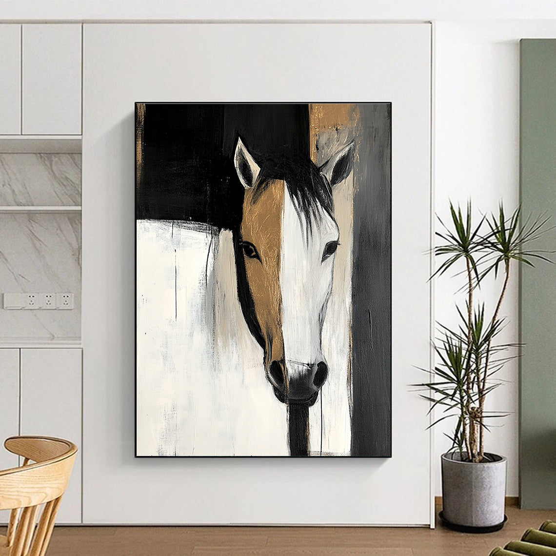 Large abstract painting featuring black and white shapes with gold highlights and a horse's head emerging from shadows conveying mystery and depth.STSC214