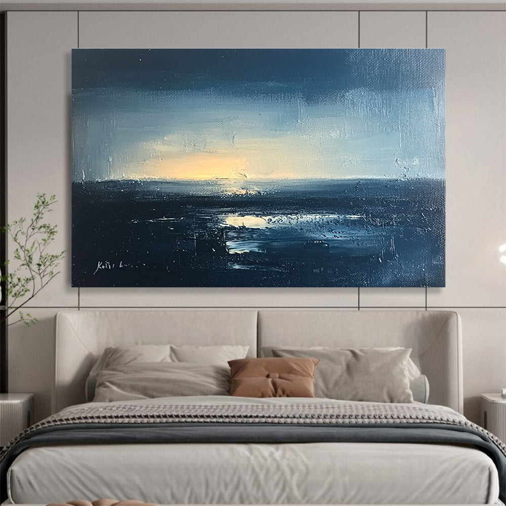 Large abstract landscape oil painting of a night sea with blue gray and black hues featuring soft light and detailed brushstrokes.SC068