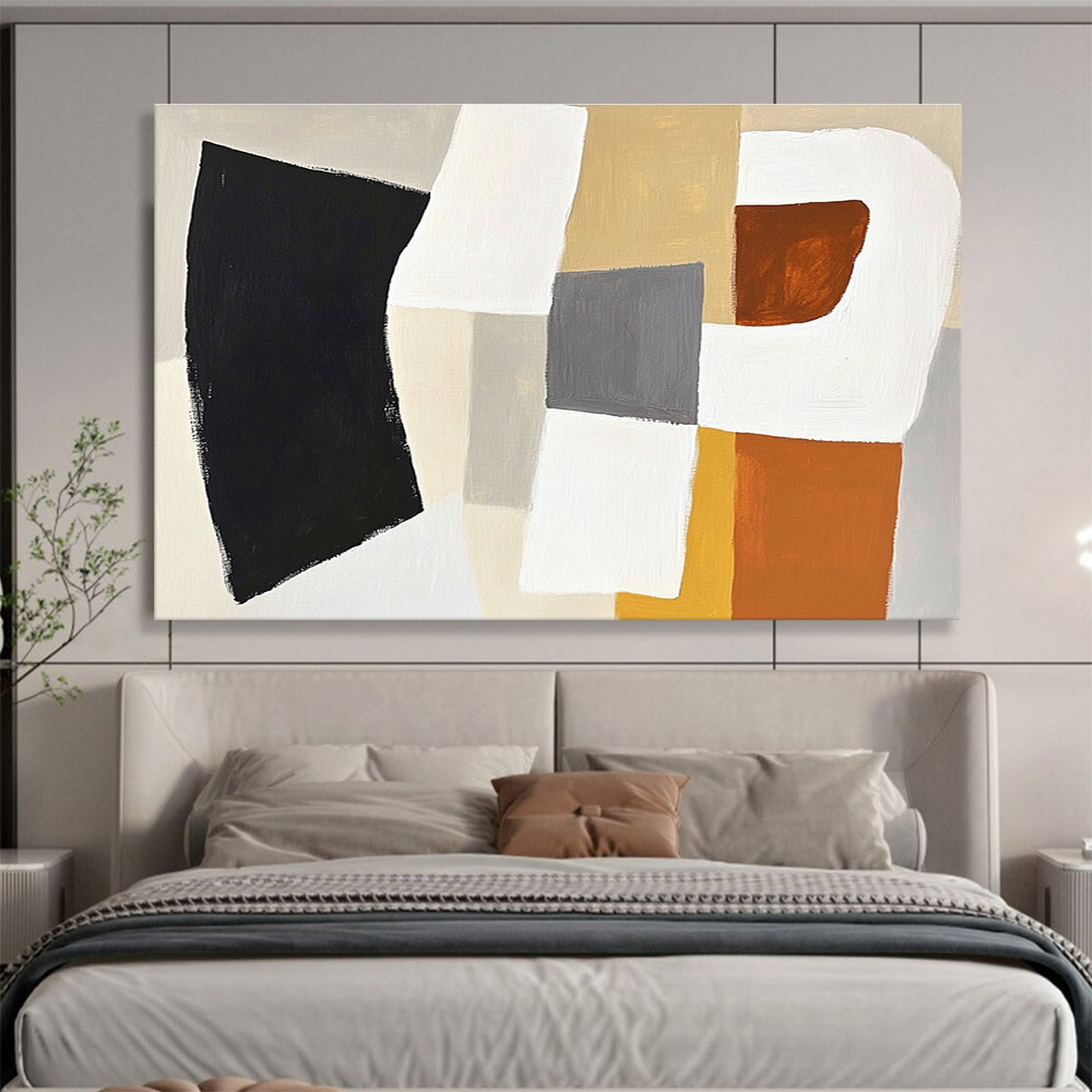 Large abstract painting in white and grey with orange accents featuring soft black shape and beige square in balanced composition.SC513