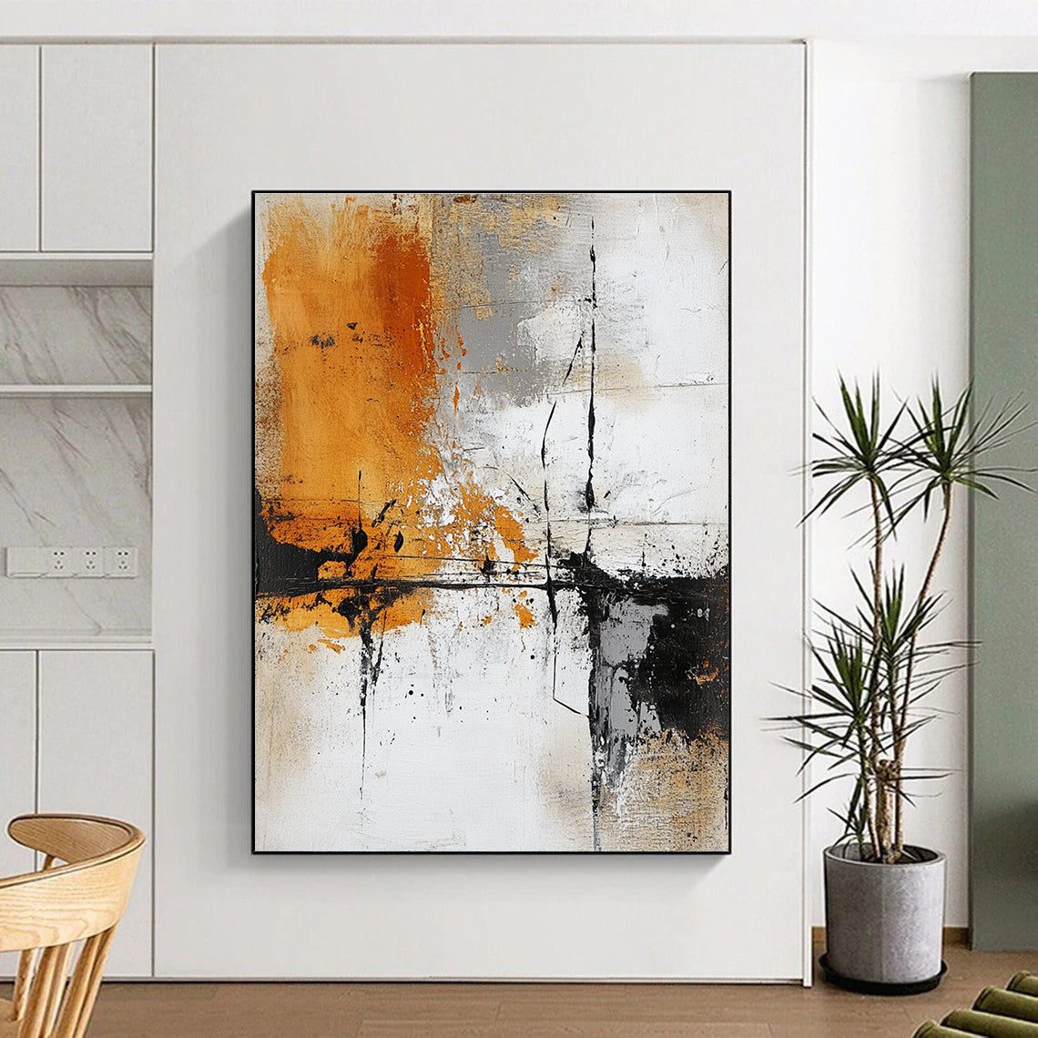 Orange Gray and Black Abstract Painting with Dynamic Splashes GER631