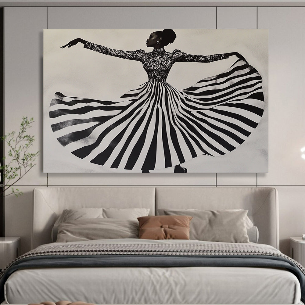 An abstract painting featuring a woman in a striped dress twirling, capturing movement and texture against a light gray background.SC426
