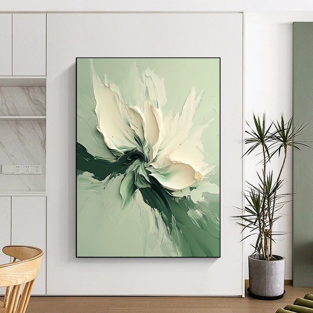 Green and White Abstract Painting with Textured Flower GER569