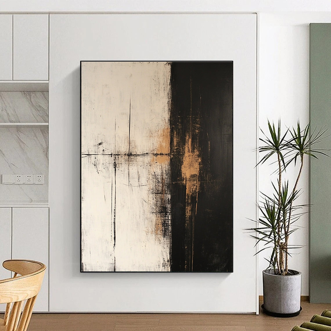 Large abstract oil painting in dark white and light beige with golden details on a dark gray background featuring minimalist and atmospheric style.STSC600