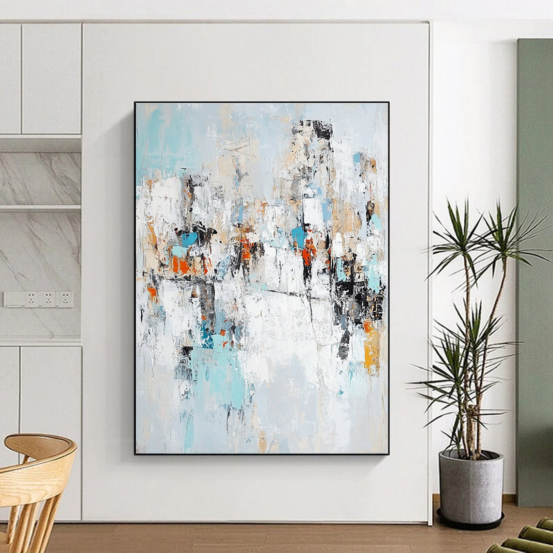 Large abstract painting in light blue white and gray showcasing urban shapes symbolizing diversity creativity and hope.STSC768