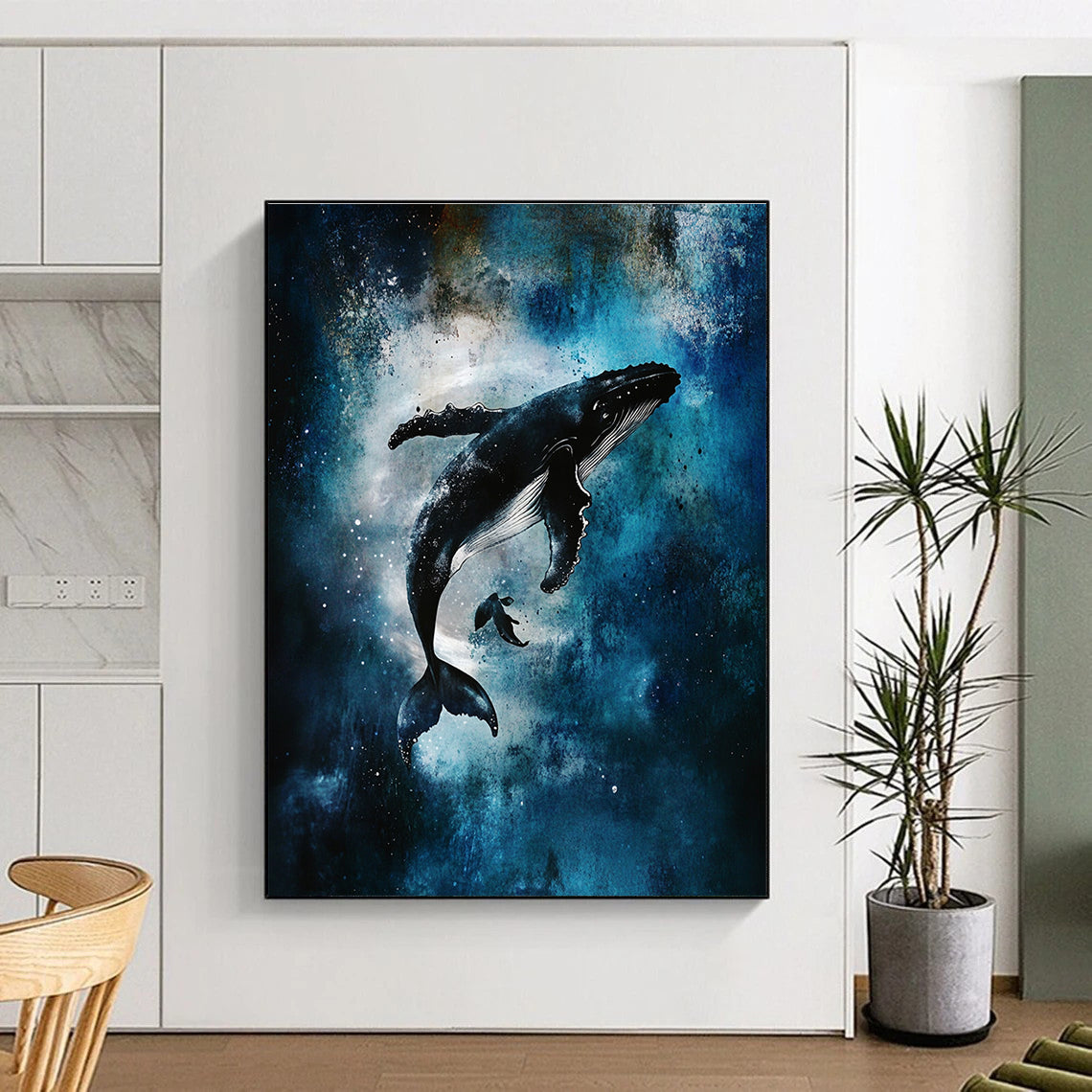 Abstract art featuring humpback whales, swirling vortices, glowing stars, and misty underwater scenes in a dark blue and white color palette.STSC1466