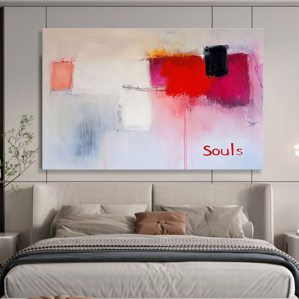 Large abstract painting in soft pinks and whites with red hints features expressive brushstrokes and the word Souls in a minimalist style.SC139