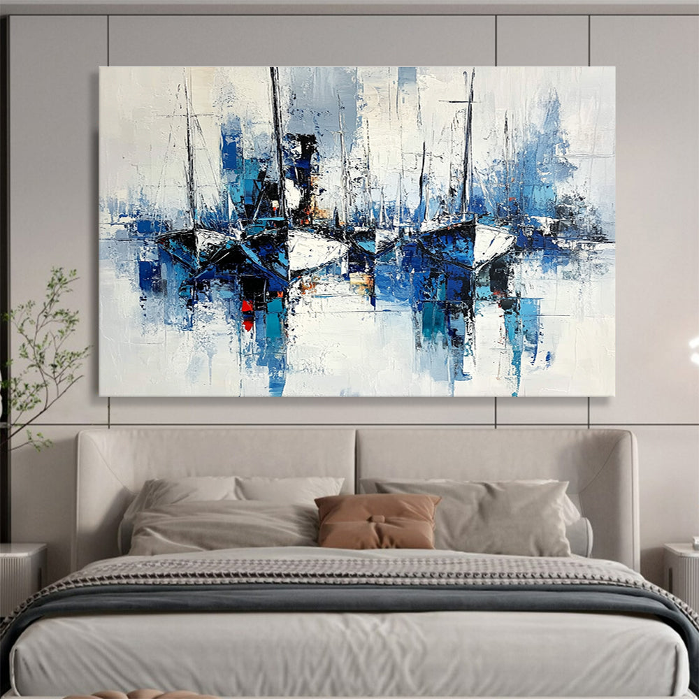 Abstract Boats Blue and White Impressionistic Painting with Textured Brushstrokes DYP191