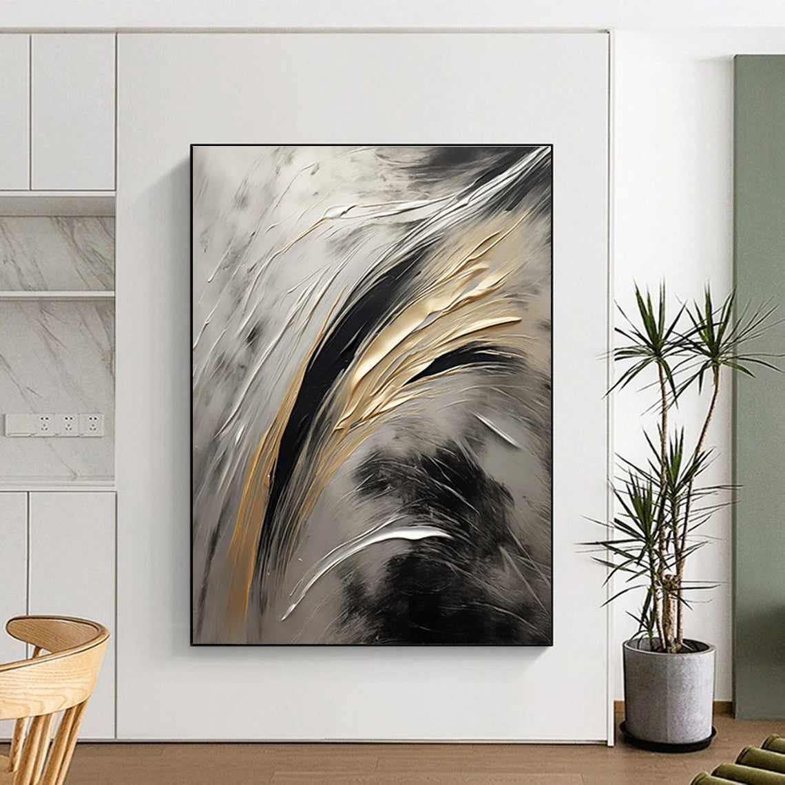 Metallic Textured Abstract Painting with Gold, Silver, and Black ADGE126