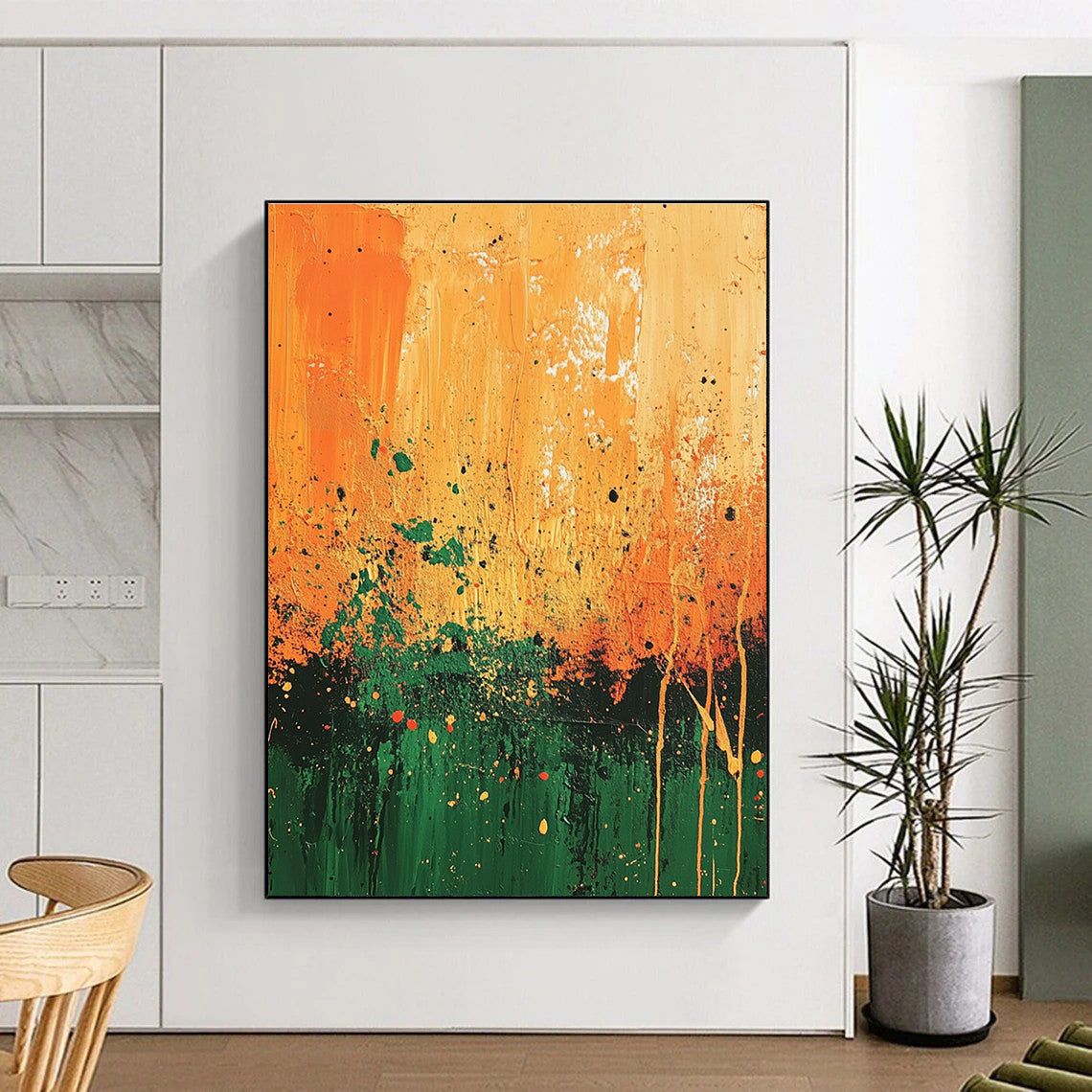 Orange Green Splatter Abstract Painting with Energetic Patterns GER492