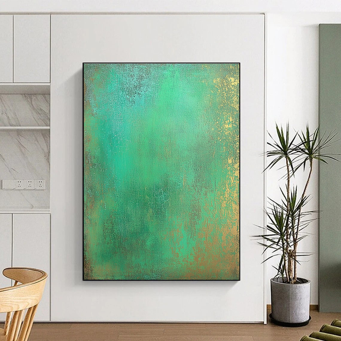 Green and Gold Textured Abstract Painting with Lush Glows GER128