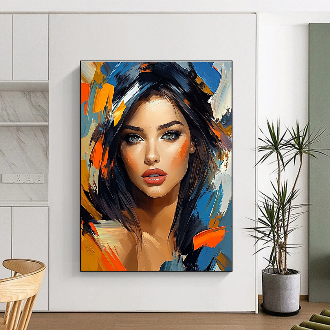 Vibrant abstract painting featuring a stunning woman's portrait with bold colors and sharp focus capturing her beauty and elegance.STSC1270