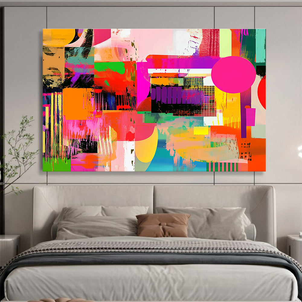 Large abstract artwork featuring vibrant colors and bold contrasts with dynamic shapes and patterns, reminiscent of pop art influences.SC461