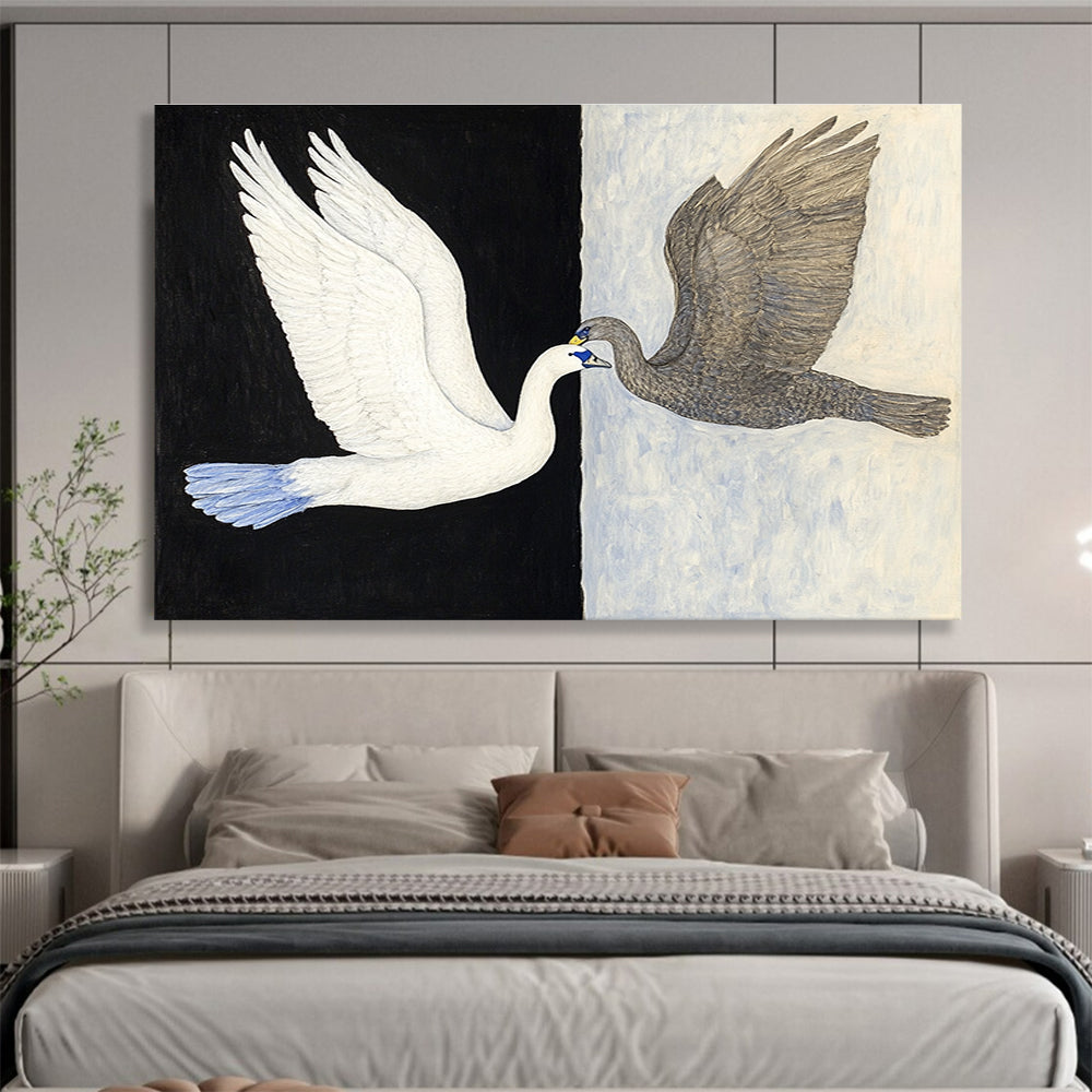 Black and White Abstract Painting of Two Birds in Flight DYP149