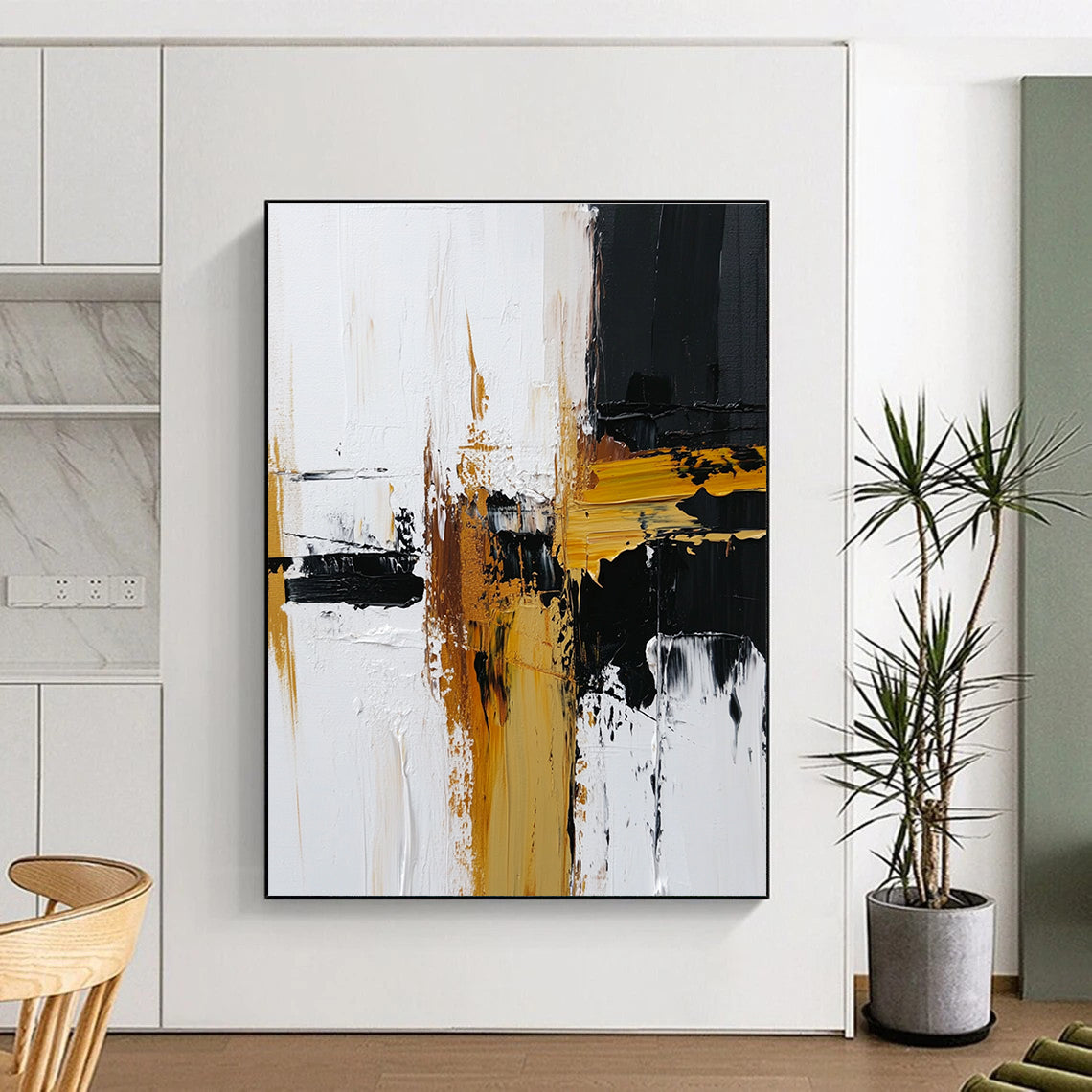 Black White and Gold Abstract Painting with Dynamic Strokes GER483