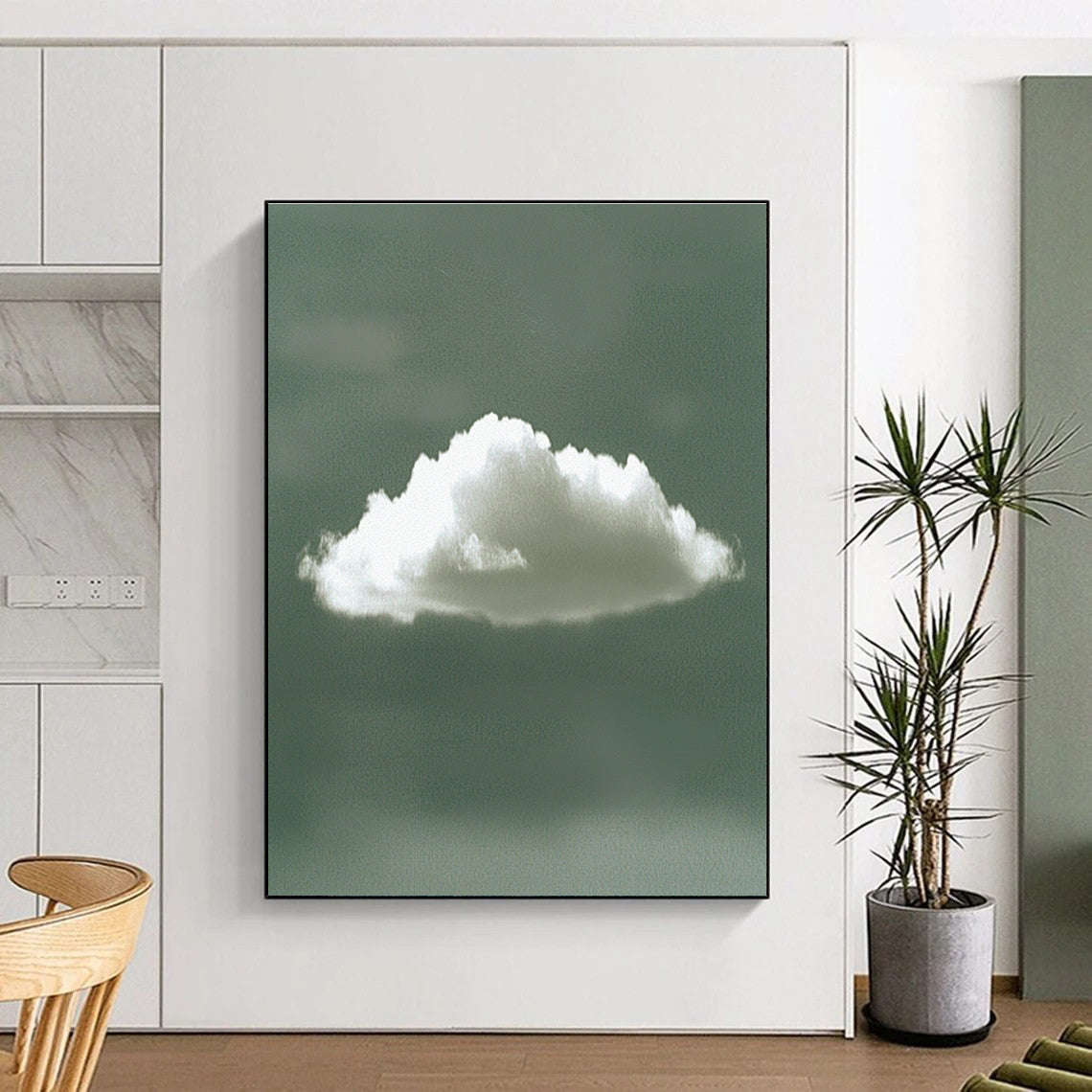 Abstract digital artwork of a single white cloud against a calming green background, embodying tranquility with its minimalist style and serene form.STSC1196