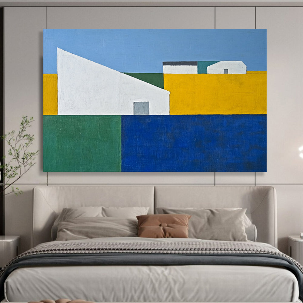 An abstract painting featuring a blue sky yellow grass green trees and a white house amidst geometric forms in minimalist style.SC511