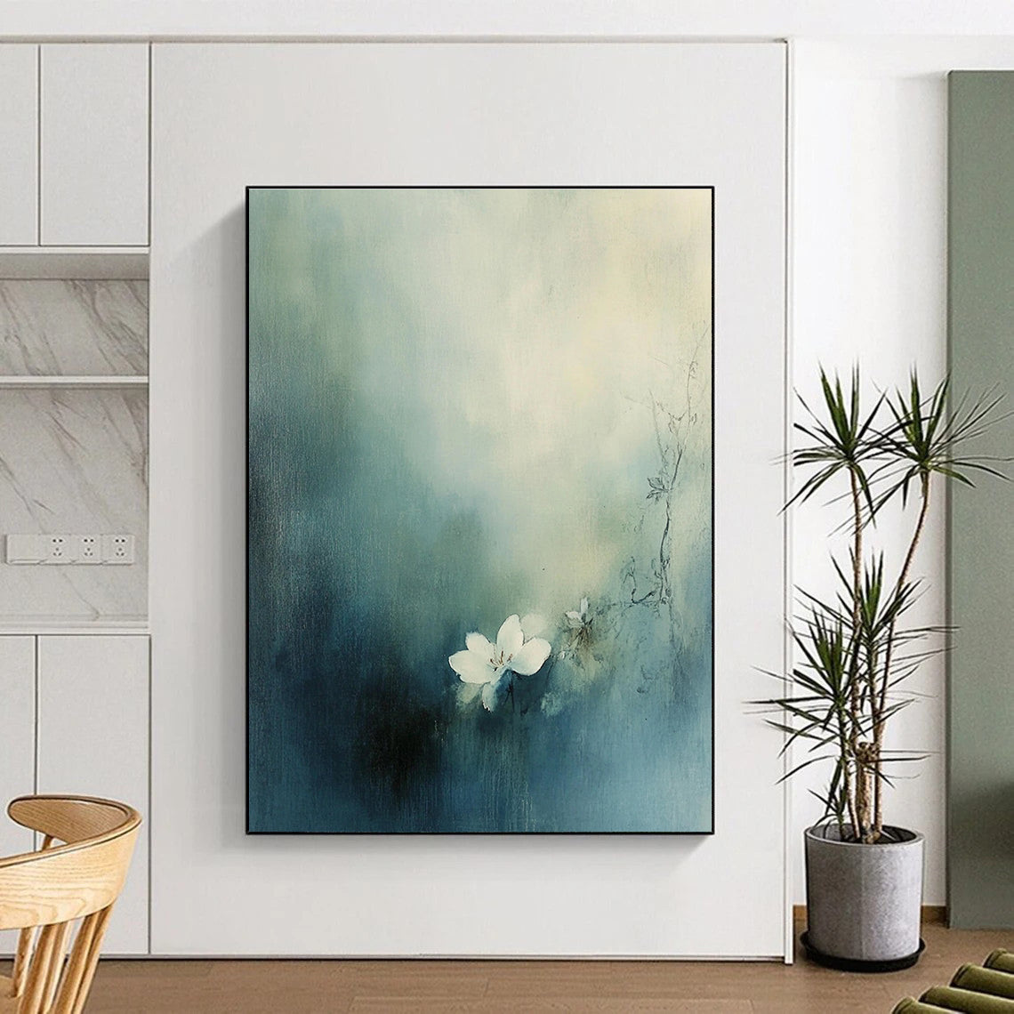 Large abstract painting featuring a small white flower blooming amid muted blue-green tones and hazy fog.STSC631