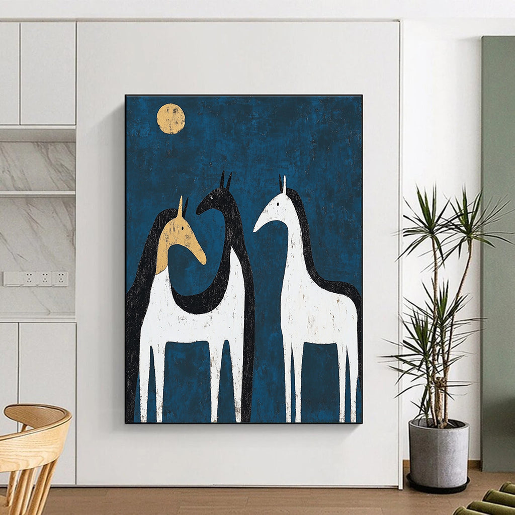 Abstract painting of three black and white horses in moonlight with a hint of yellow on one back, featuring minimalist shapes and textures.STSC072