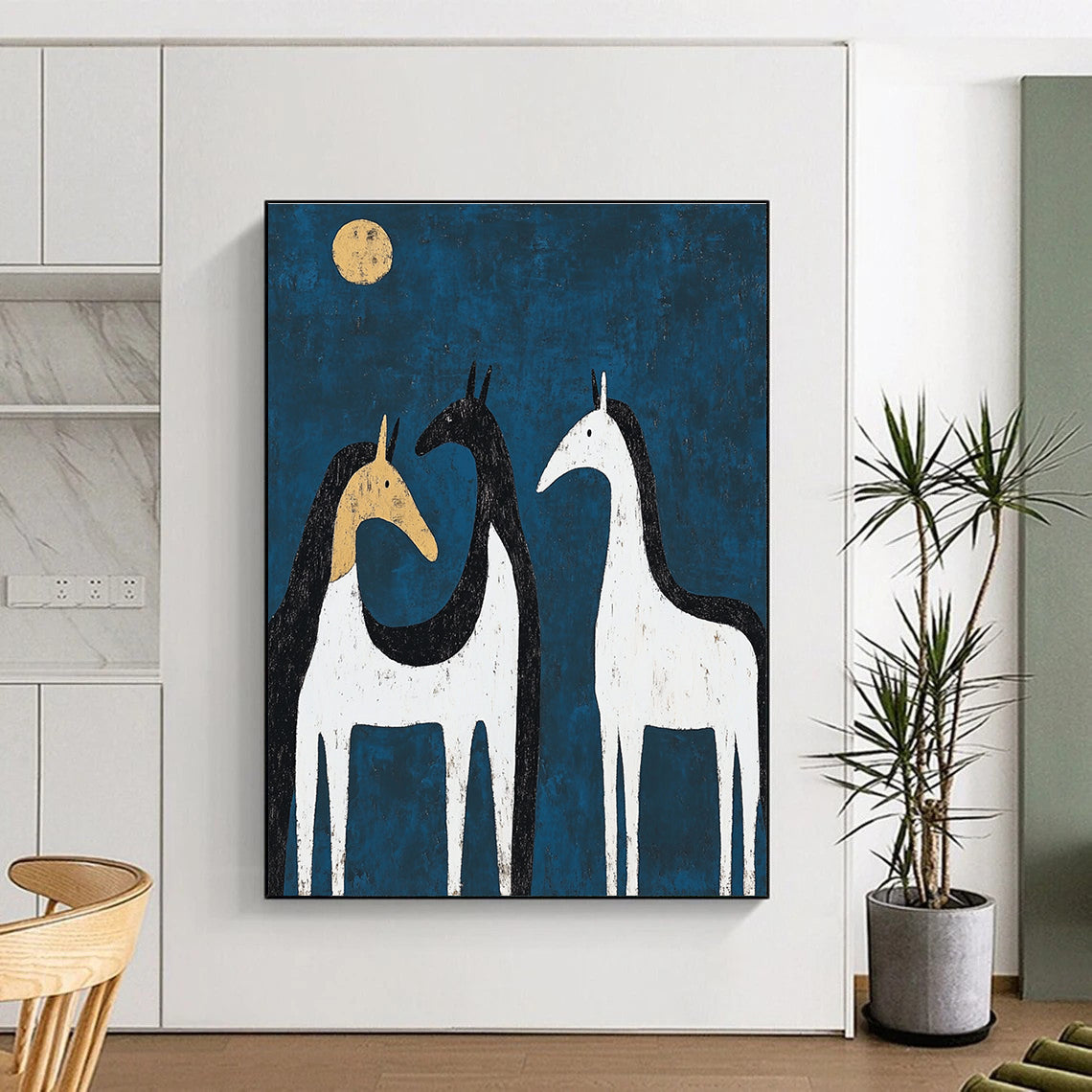 Abstract painting of three black and white horses in moonlight with a hint of yellow on one back, featuring minimalist shapes and textures.STSC072