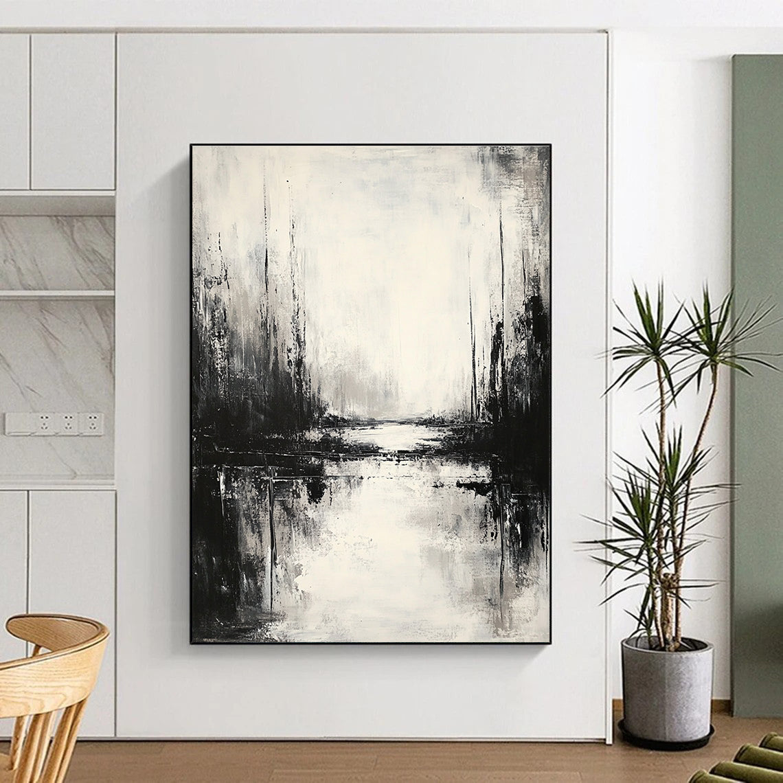 Large abstract painting featuring an atmospheric landscape in neutral tones with low contrast and muted colors, creating a serene monochromatic reflection.STSC021
