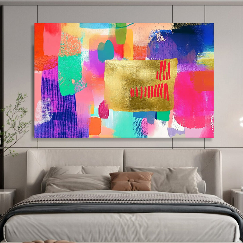 A large abstract painting featuring a golden paper centerpiece with red writing, embellished with colorful pastel brush strokes in pink, blue, green, and more.SC297
