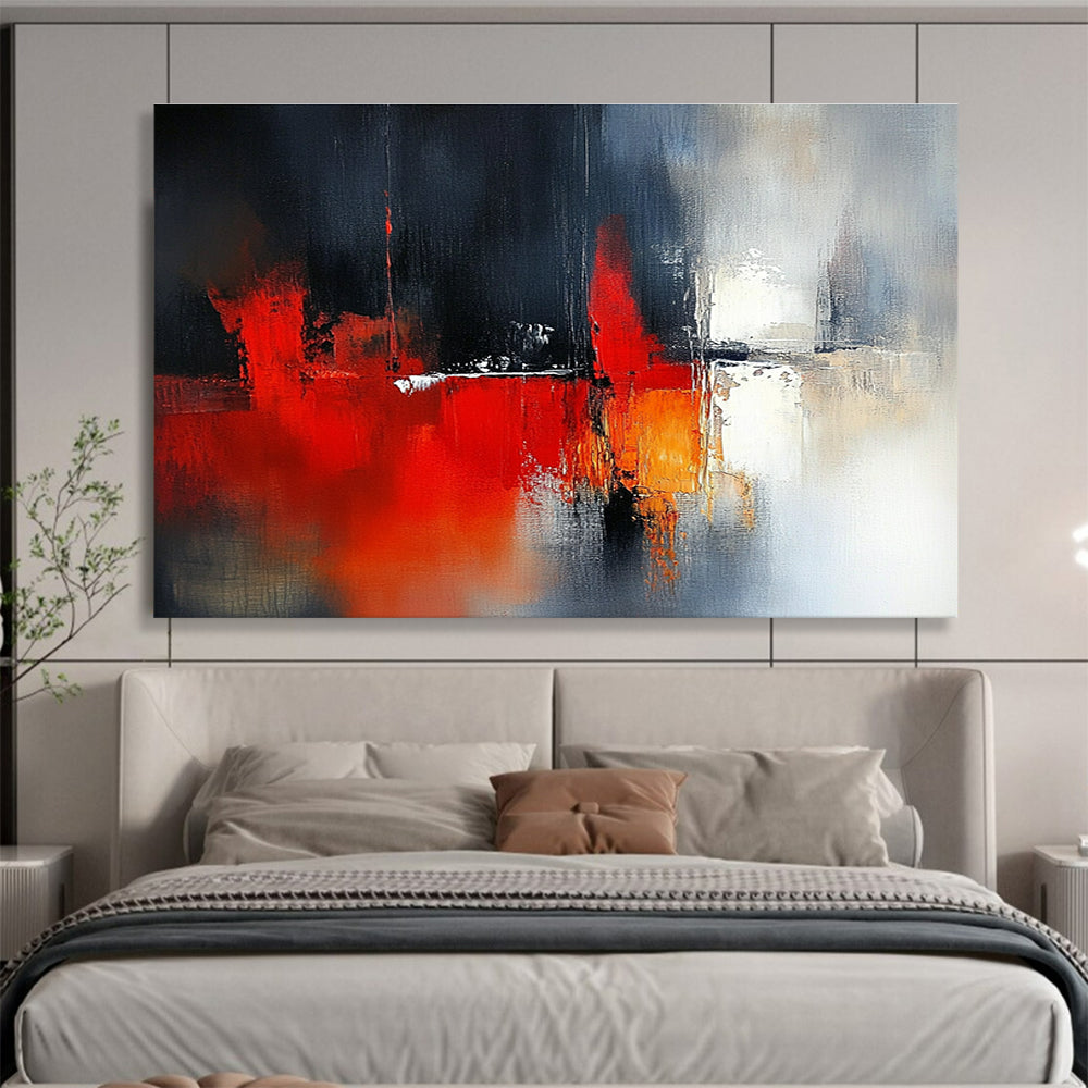 Large abstract painting featuring blurred red and white tones with dark gray background and architectural elements complemented by delicate textures and soft lighting effects.SC230