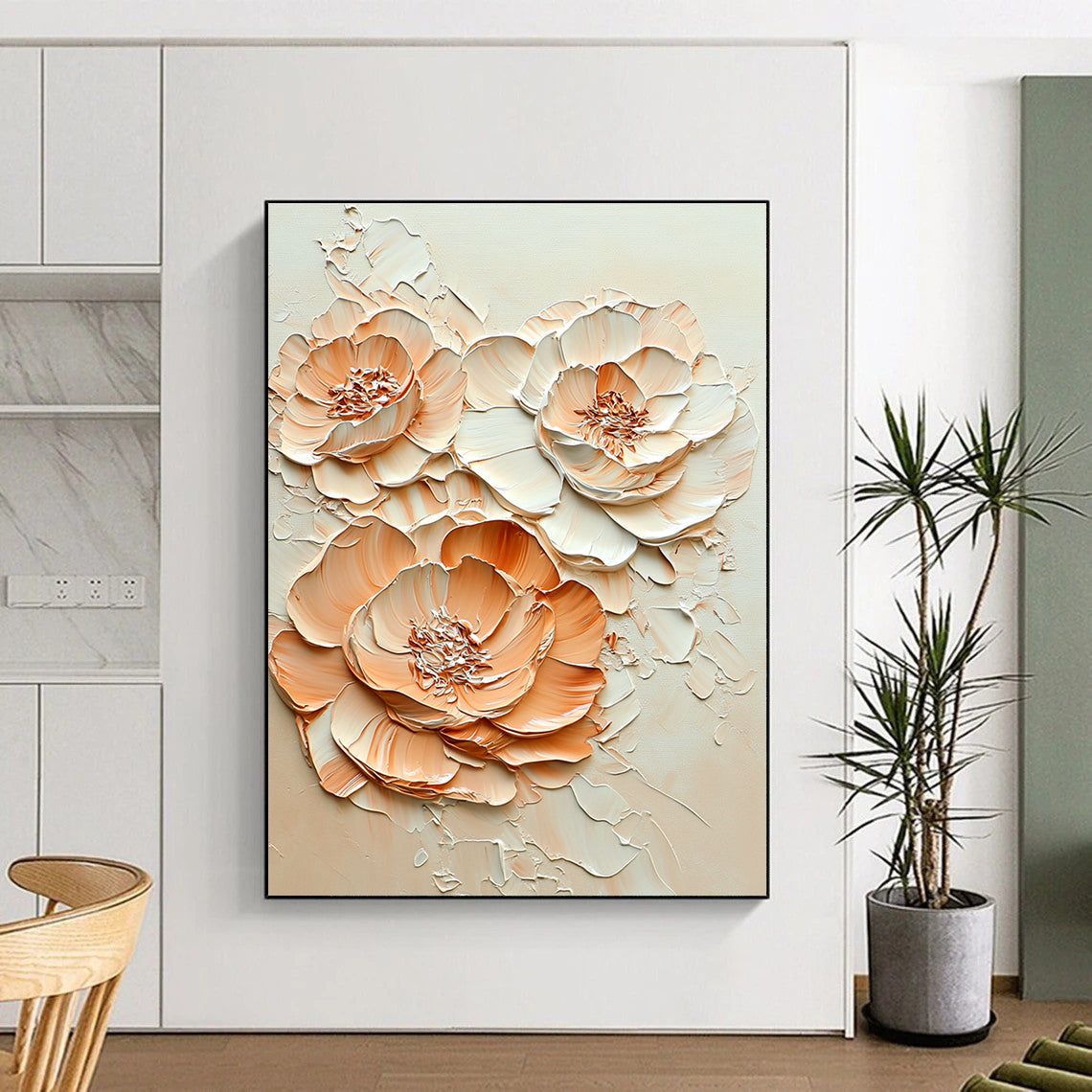 A Large Abstract Painting Featuring Peach and Cream-Colored Flowers in Embossed Oil Texture Ultra-High Resolution Artistic Detail.STSC453