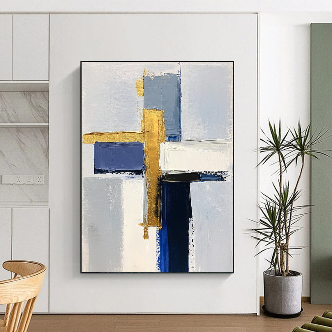 Blue and Gold Abstract Painting with Layered Geometry GER567