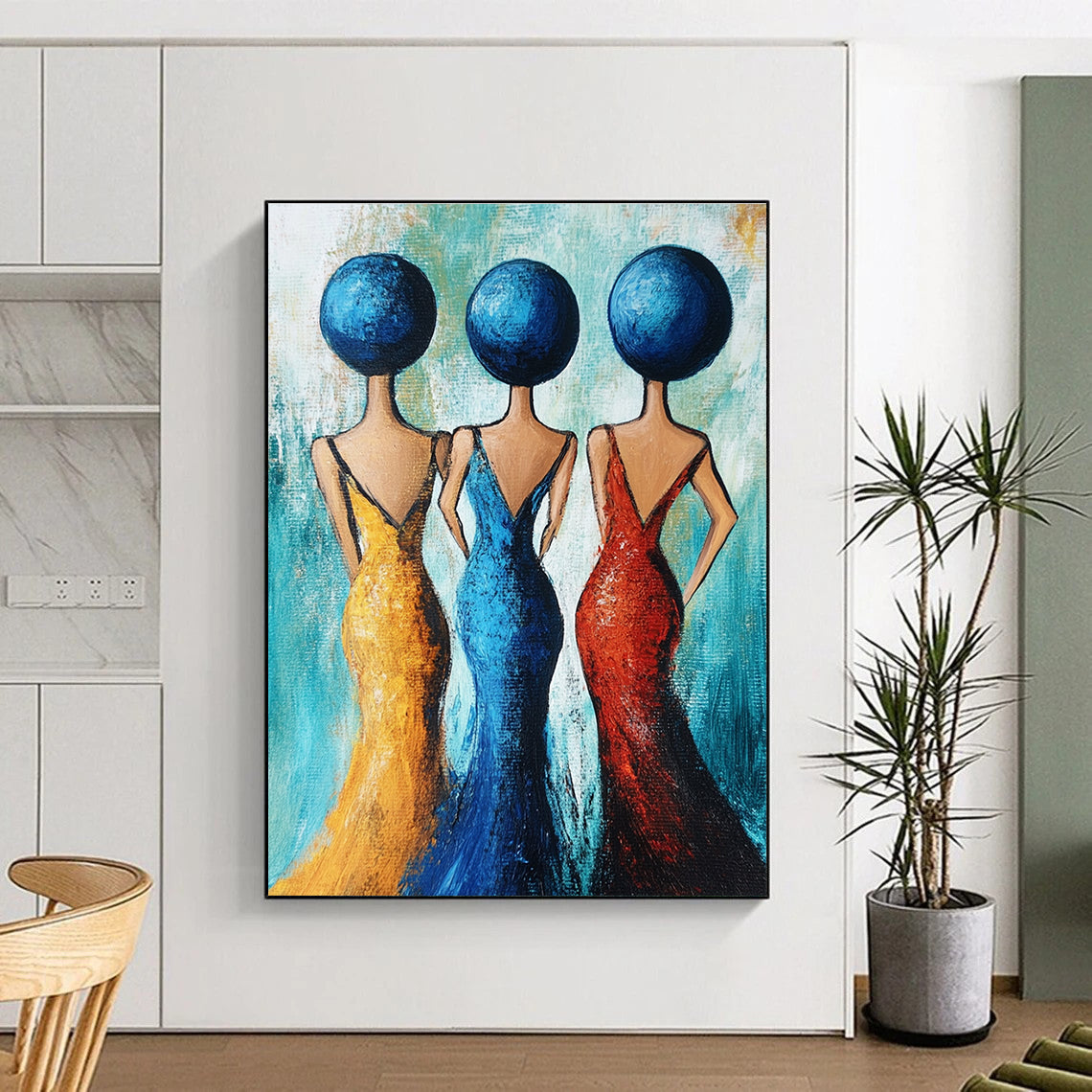 Large abstract acrylic painting featuring three women in evening dresses adorned with blue spheres against a turquoise background in full-body view.STSC005