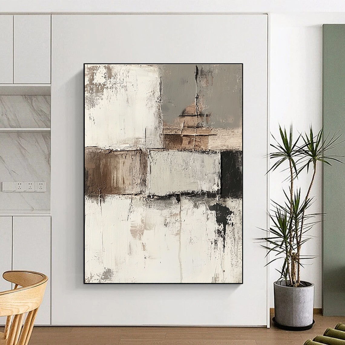 Abstract painting featuring impasto techniques with muted neutral tones and faded architectural elements on a soft grunge background.STSC424