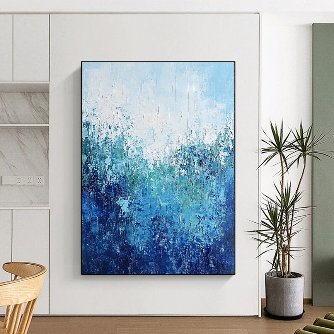 Blue Green and White Abstract Painting with Textured Layers GER693