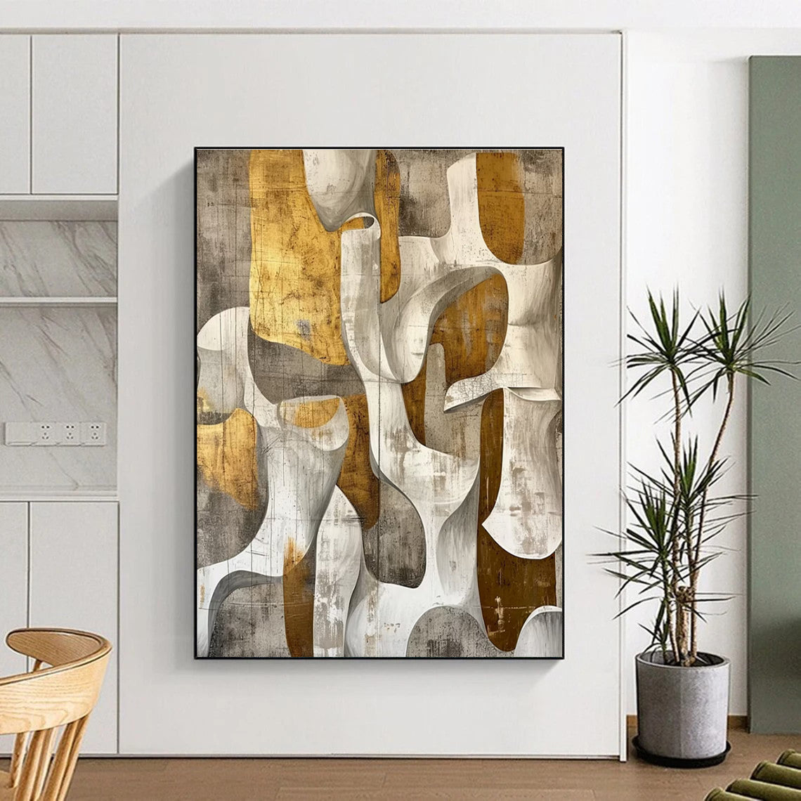 Gold Grey White Abstract Geometric Painting ADGE011