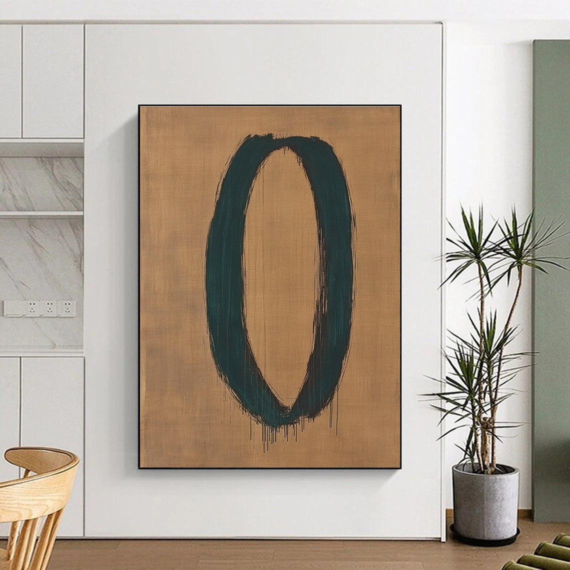 Teal Oval on Beige Abstract Painting with Expressive Brushstrokes GER033