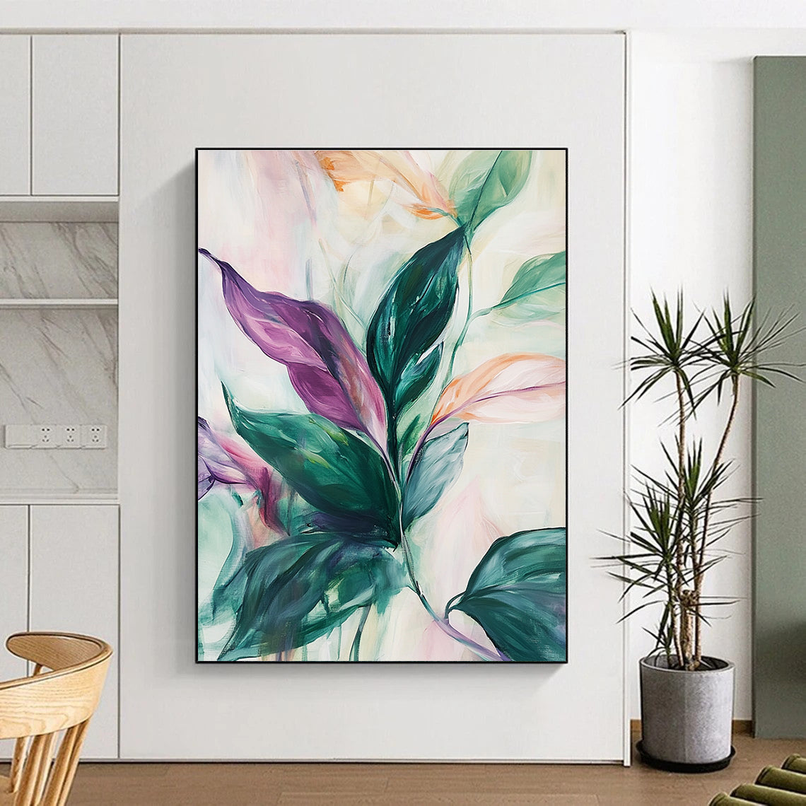 Large abstract painting of lush leaves in green pink purple and white with soft lines suggesting movement against a pale background evoking tranquility.STSC1048
