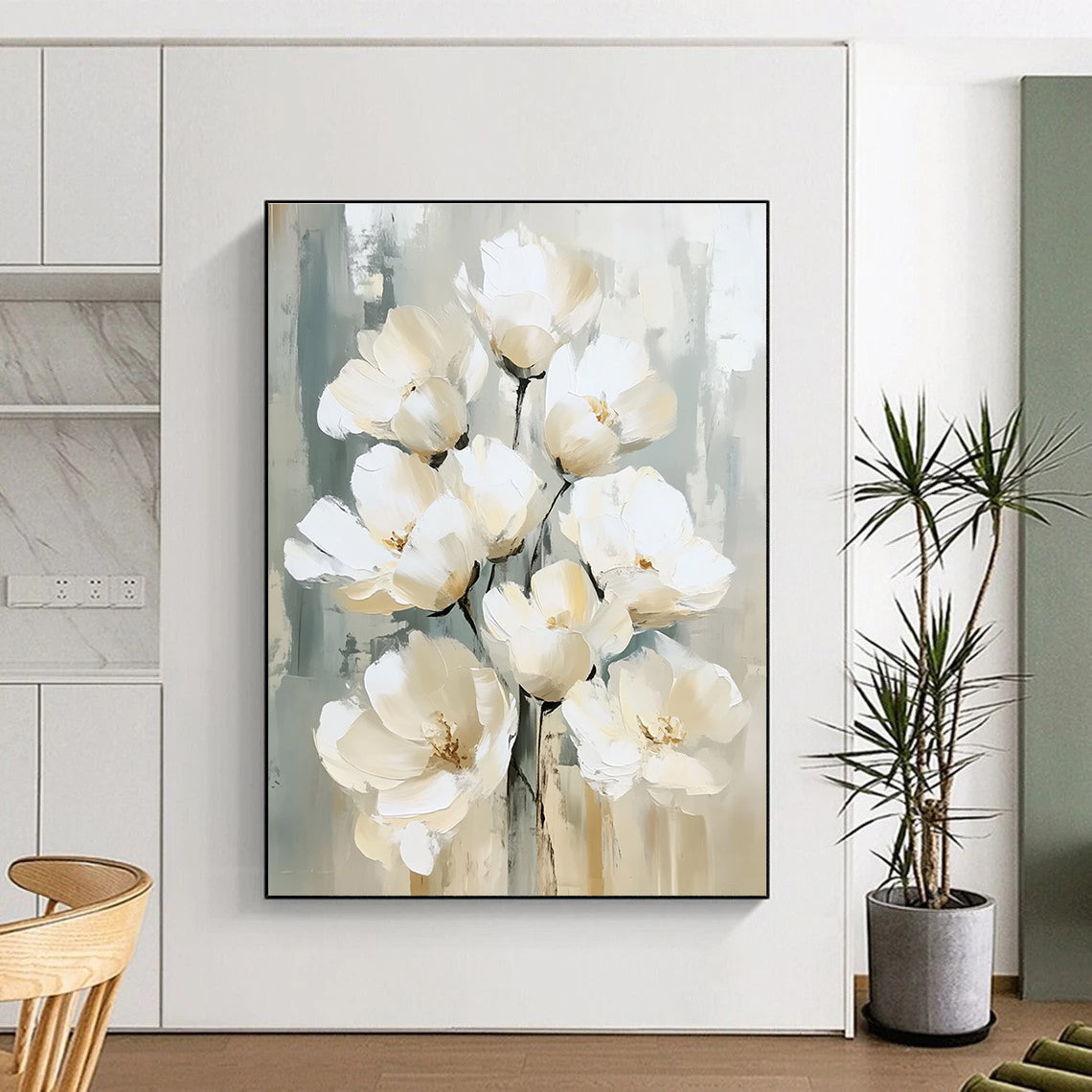 Large abstract painting with white flowers in delicate brushstrokes beige and gray palette textured surface and soft edges creating depth and elegance.STSC1475