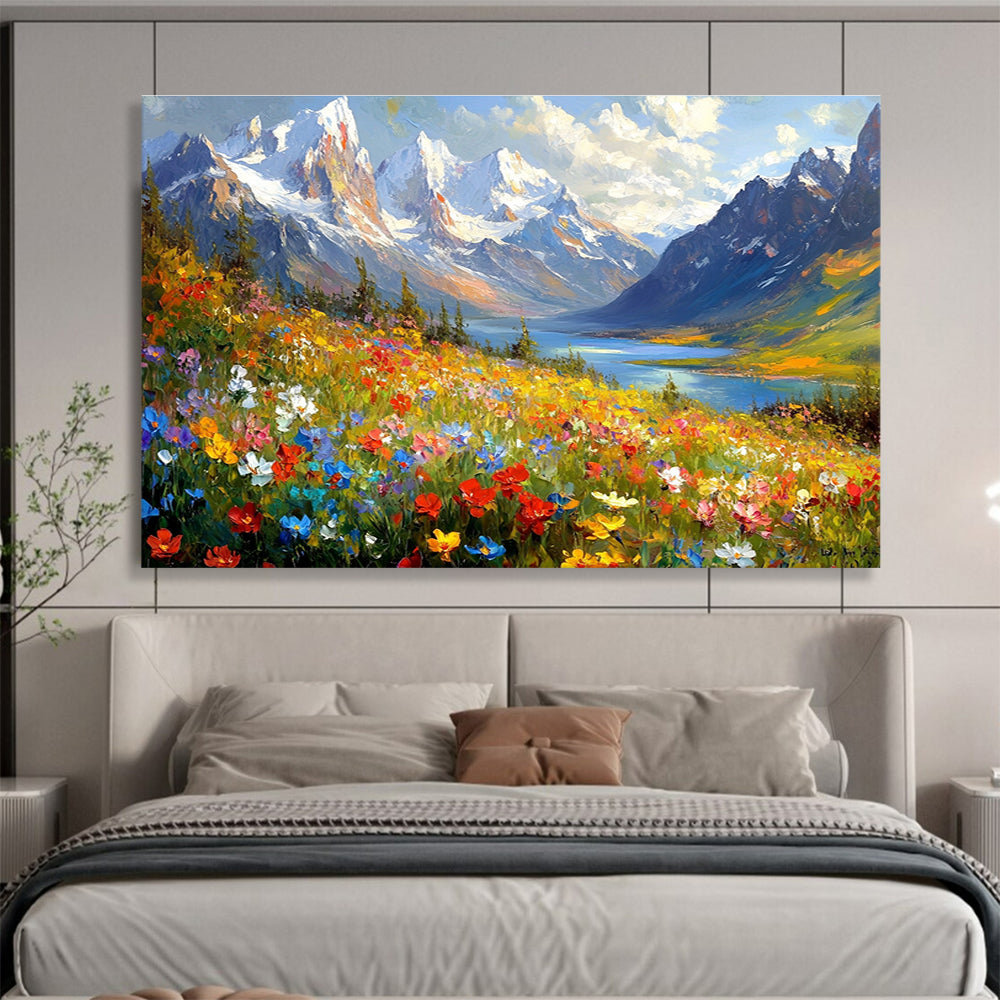 Abstract painting of vibrant wildflowers with majestic snow-capped mountains lakes and forests creating a stunning natural landscape.SC581