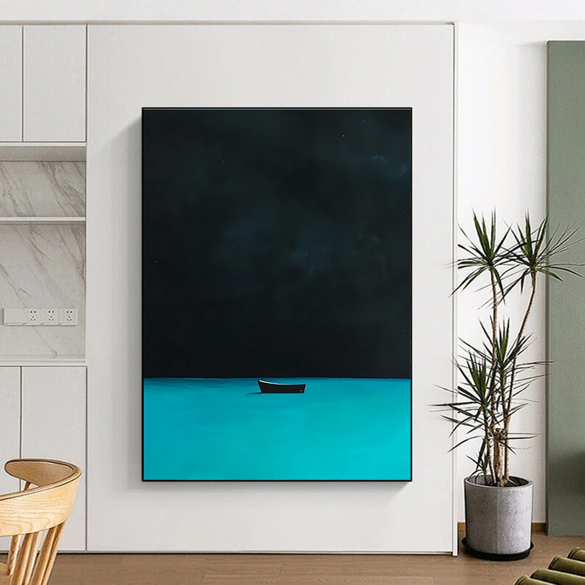 A large abstract painting depicting a distant boat on turquoise waters under a night sky inspired by David Hockney's style.STSC1198