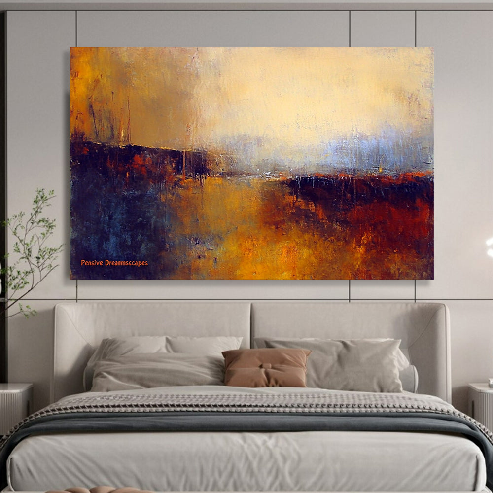 Large abstract painting titled Pensive Dreamscapes featuring blurred landscapes in dark brown and light orange with impressionistic aquarelle style.SC338