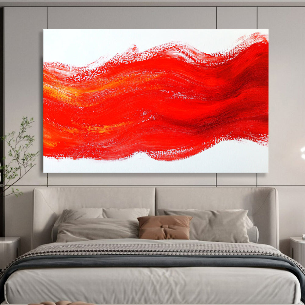 Bold abstract painting with red brushstrokes and flowing lines creating a dynamic interplay of light and shadow on a white background.SC609