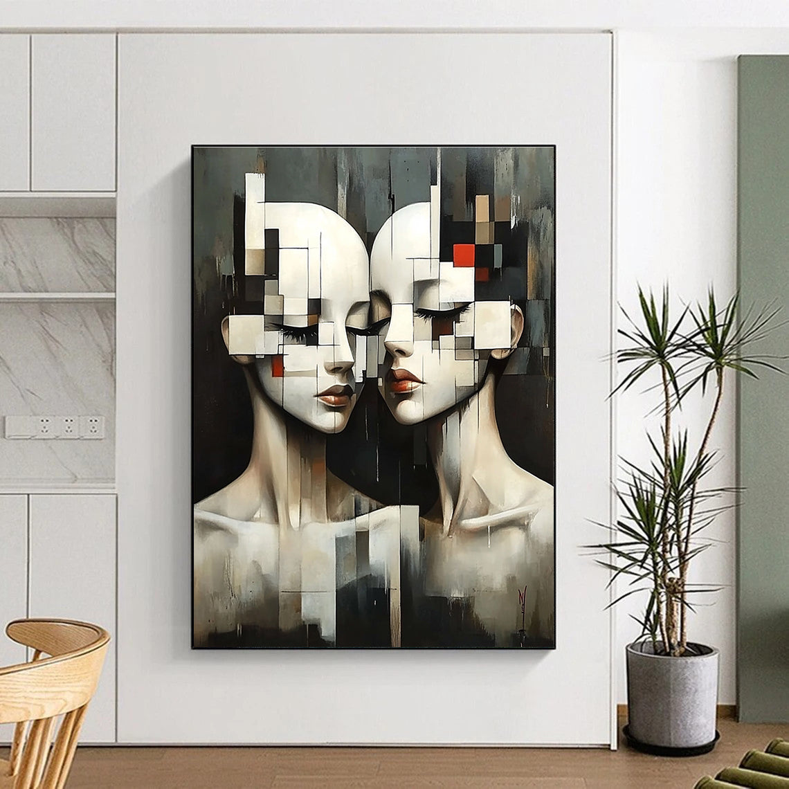 Large abstract painting featuring two female figures in geometric forms with pixelated faces and a dark background in Ismail Inceoglu's style.STSC1447