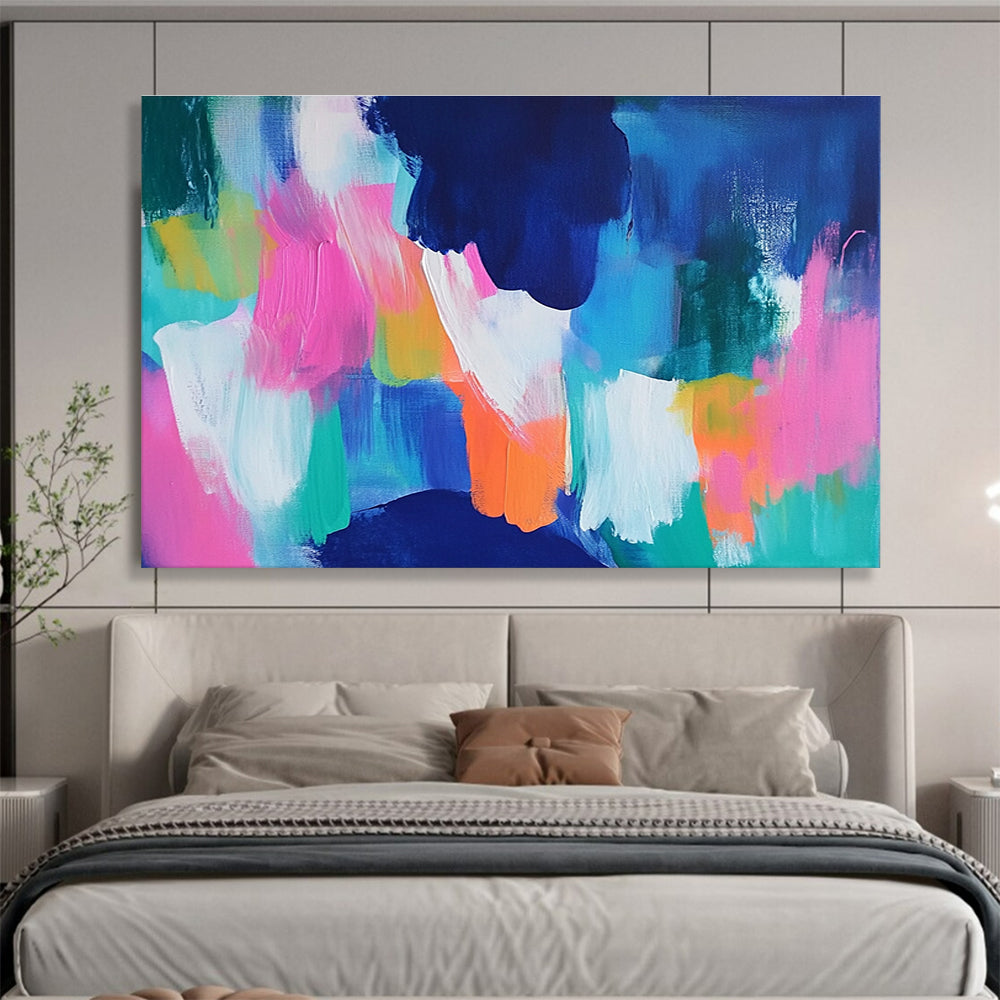 A large abstract painting with bold blue and pink backgrounds and bright orange, green, and turquoise foregrounds, conveying energy and movement.SC562