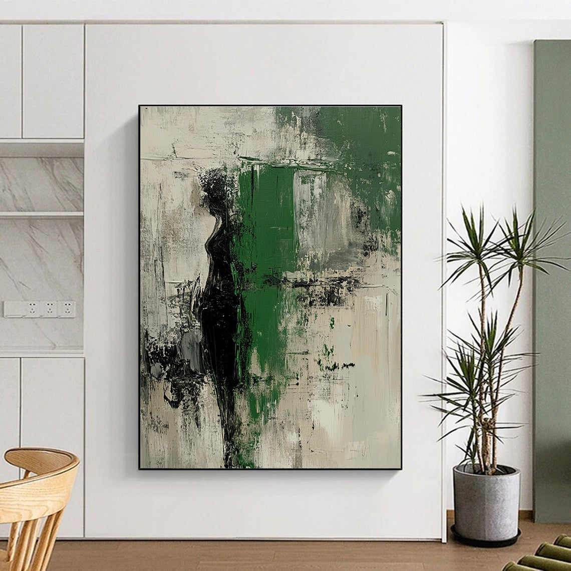 Black Green and Gray Abstract Painting with Enigmatic Forms GER526