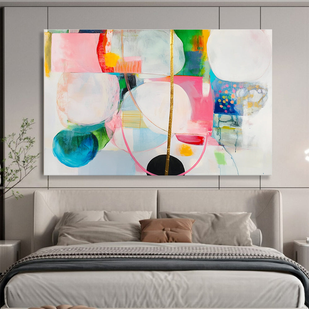 Large abstract painting with colorful shapes, gold lines, and a hanging golden string, featuring a black circle on a white background.SC375