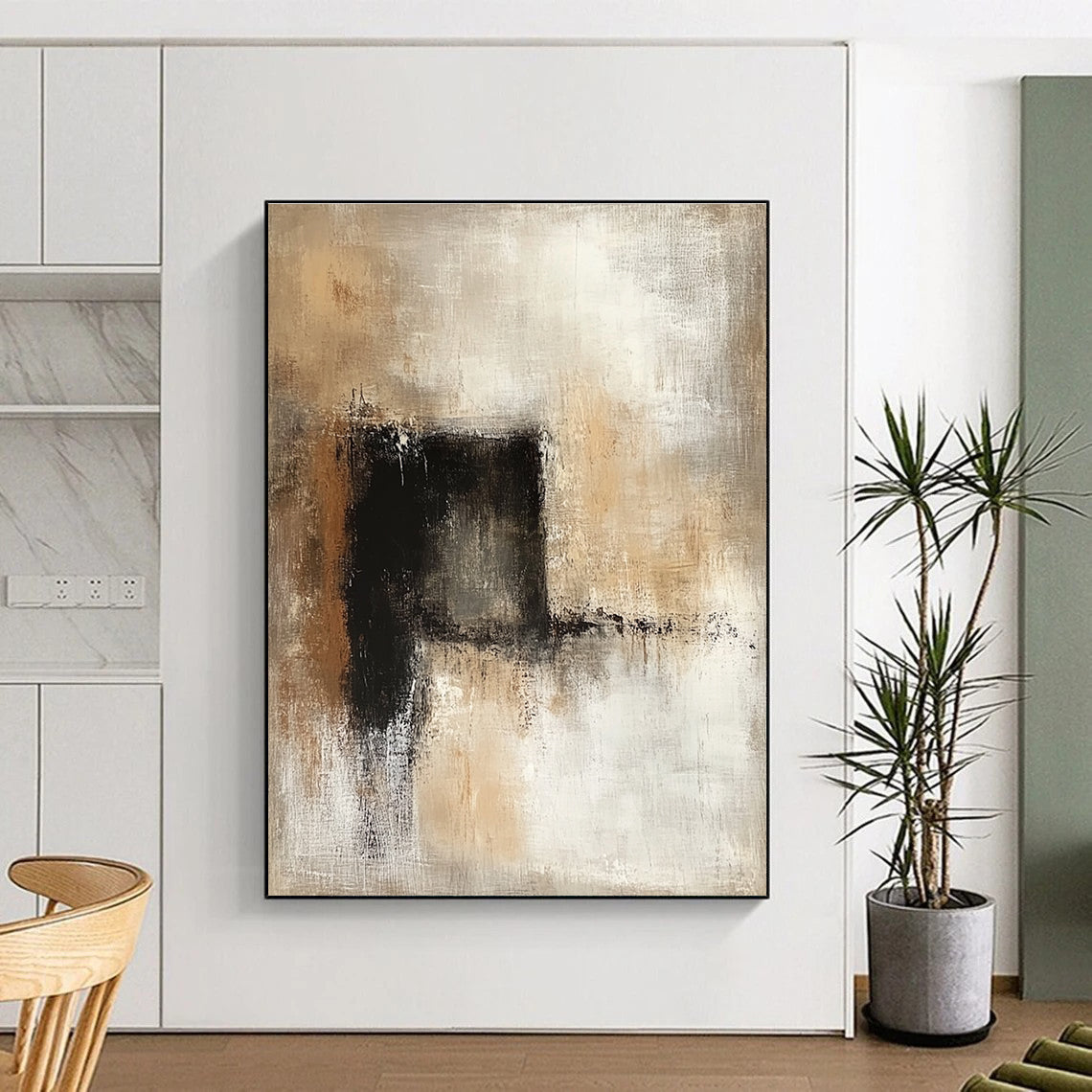 Large abstract painting featuring neutral tones in beige and brown, creating a calming and sophisticated atmosphere for any space.STSC780
