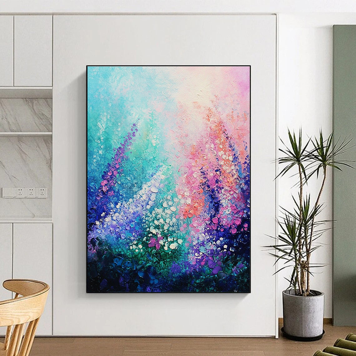 A large abstract painting of an underwater garden featuring glowing coral and vibrant flowers against a soft pastel sky in impressionist style.STSC847