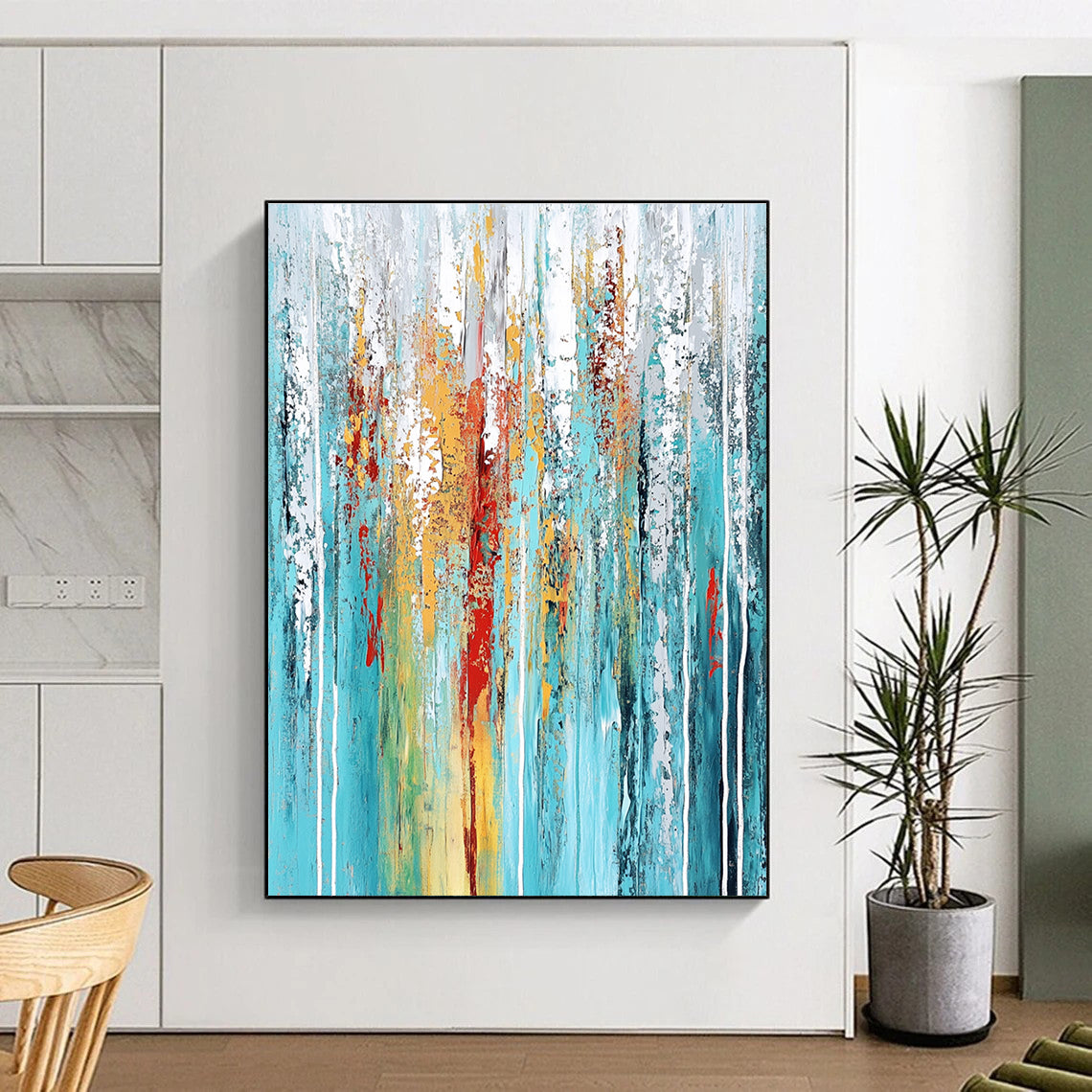 Large abstract painting featuring textured layers in teal aqua blue white gray red yellow green with dynamic streaks and vertical lines.STSC374