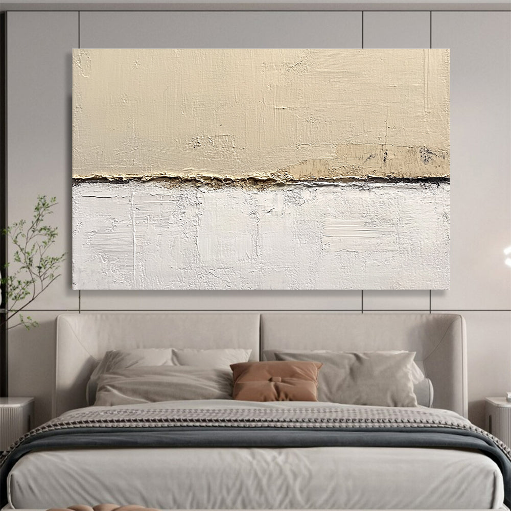 Abstract painting on textured beige wall features neutral tones in a minimalist style executed in oil on canvas with a harmonious color palette.SC181