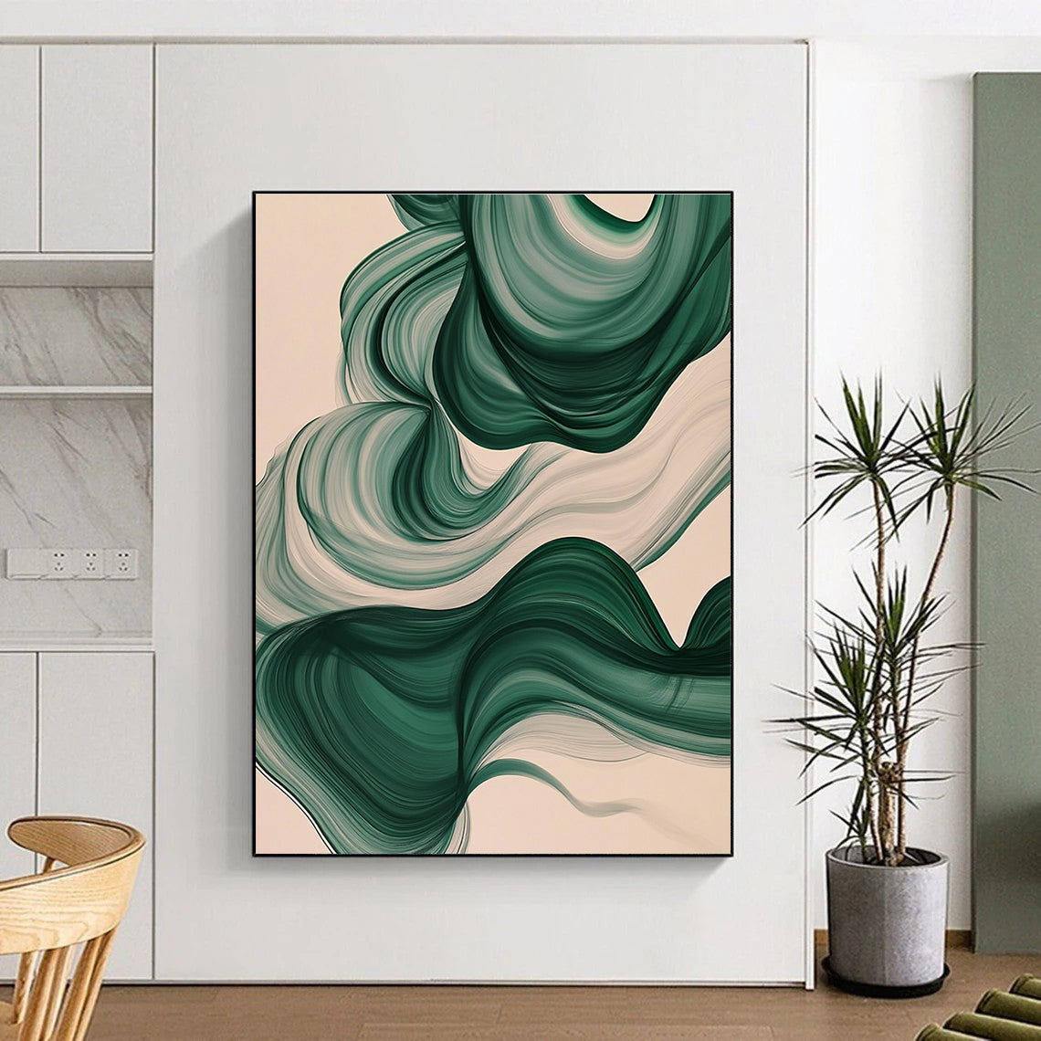 Green and White Abstract Painting with Flowing Ribbons GER423